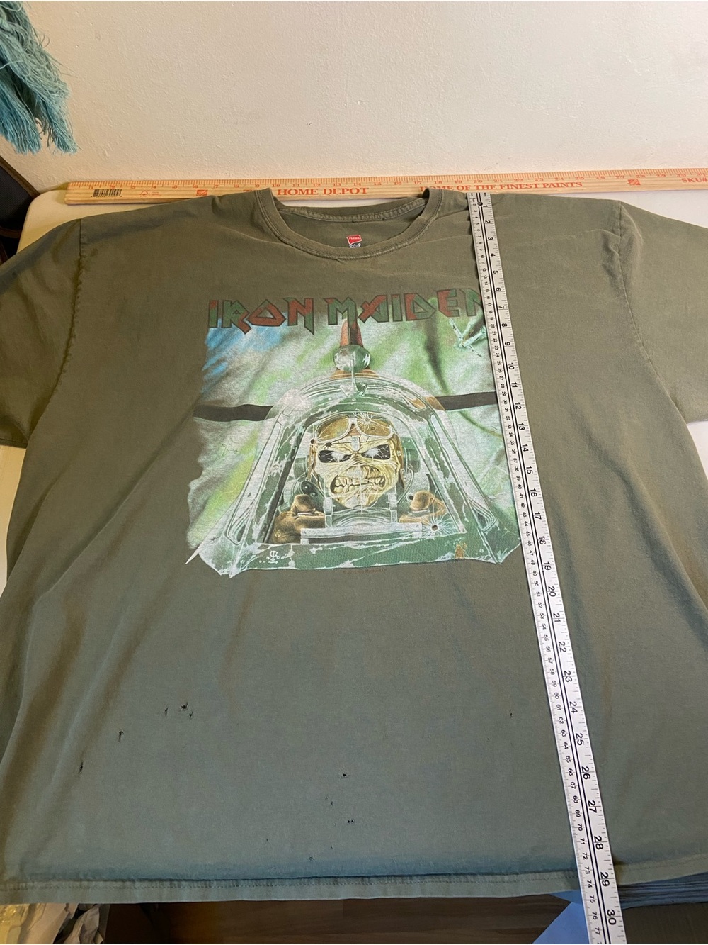 Hanes Olive Green Iron Maiden Graphic Tee - Skull Cockpit Print